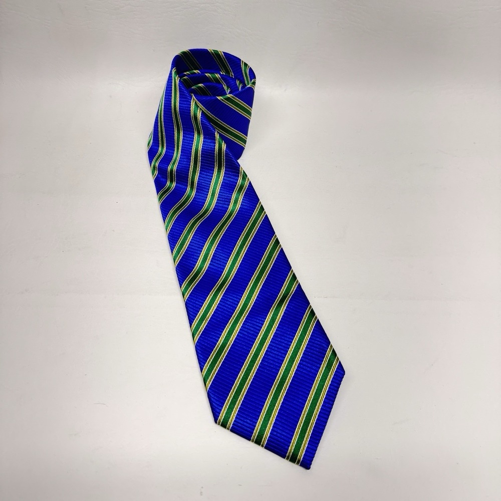 Countess‎ Mara Mens Silk Tie Blue Green Gold Striped Hand Made Regimental Crown